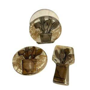 Vintage Lot of 3 Acrylic‎ Lucite Spoon Rest Napkin Holder Trivet Set MCM brown